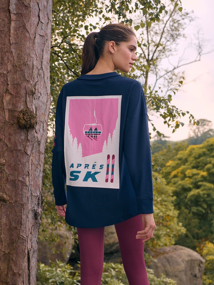Navy Blue Long Sleeve Heavyweight 100% Cotton T-Shirt with Apres Ski Graphic - Image 1 of 5
