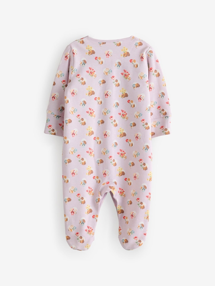Lilac Purple Cath Kidston Floral Baby 100% Cotton Sleepsuits 3 Pack - Image 5 of 6