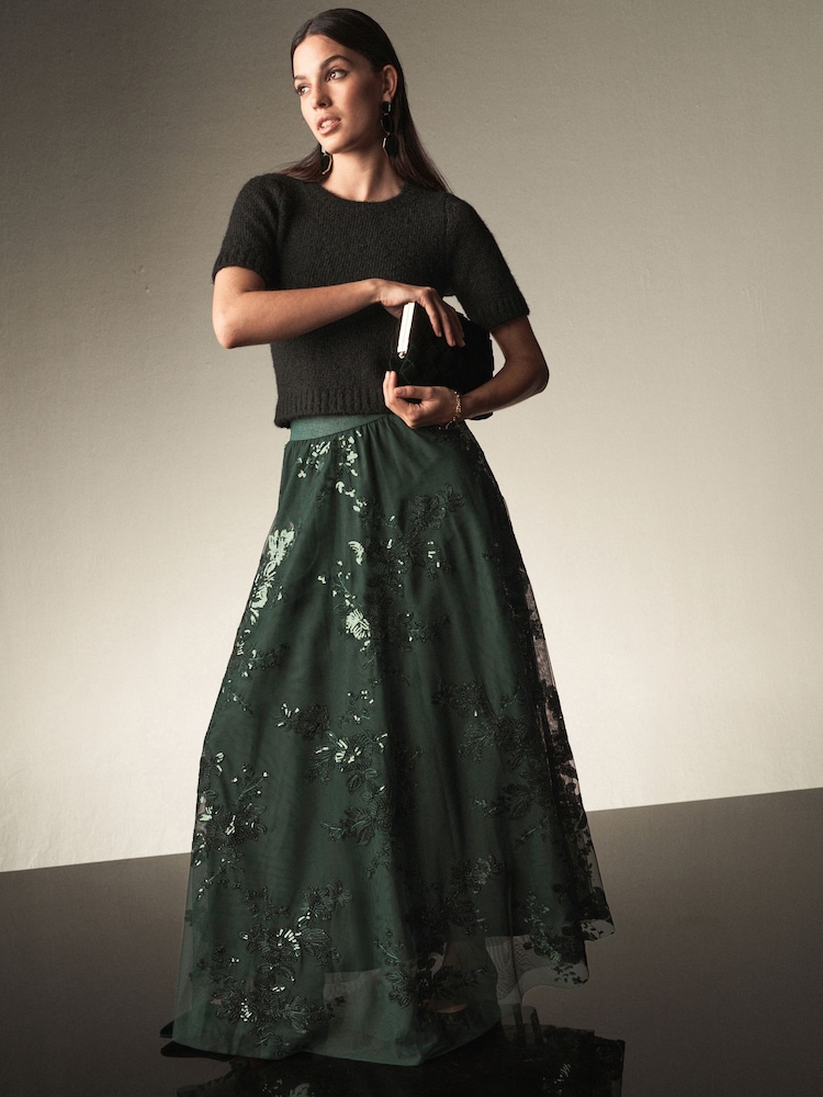 Green Sequin Maxi Skirt - Image 1 of 6