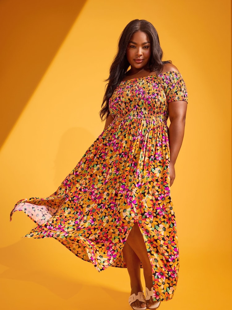 Yours Curve Multi Floral Print Shirred Bardot Maxi Dress - Image 1 of 6