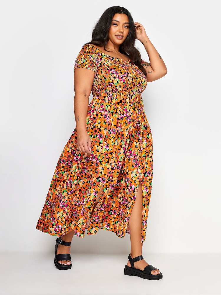 Yours Curve Multi Floral Print Shirred Bardot Maxi Dress - Image 2 of 6