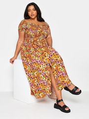 Yours Curve Multi Floral Print Shirred Bardot Maxi Dress - Image 3 of 6