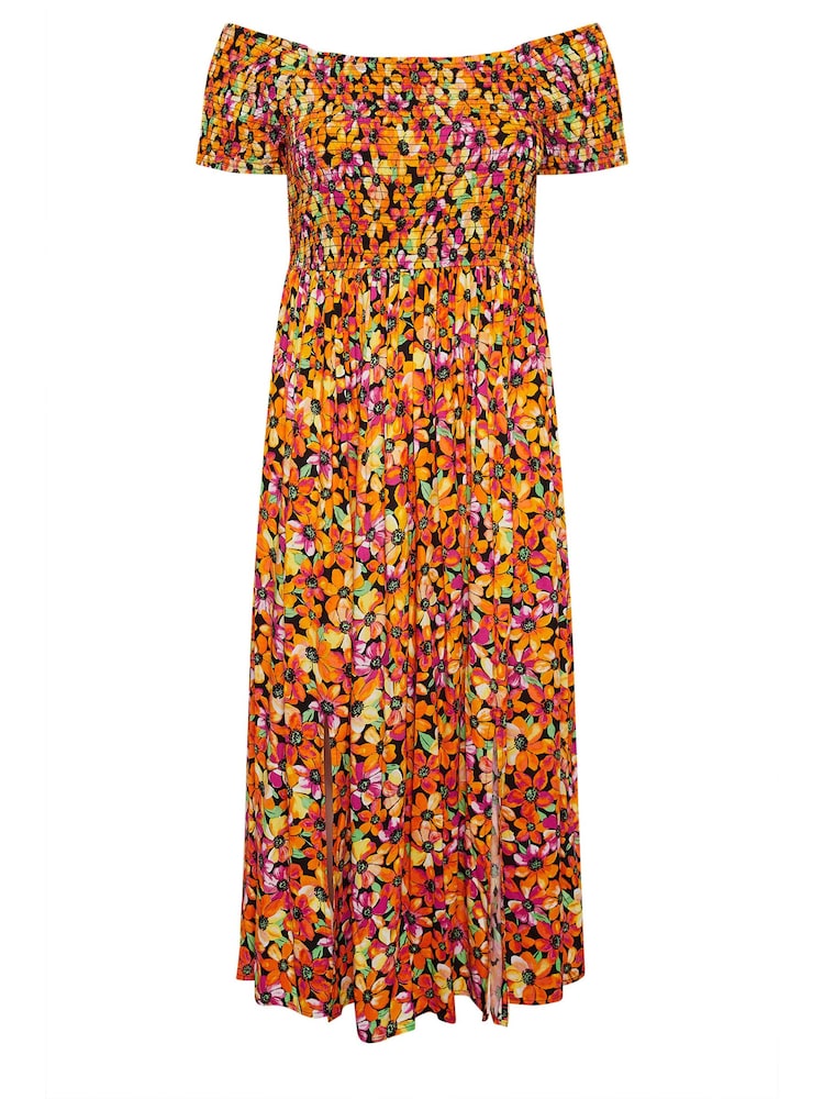 Yours Curve Multi Floral Print Shirred Bardot Maxi Dress - Image 6 of 6