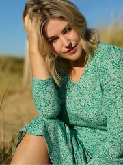 Live Unlimited Green Curve Ditsy Leaf Print Cotton Slub Tiered Midi Dress - Image 1 of 11