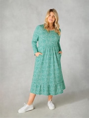 Live Unlimited Green Curve Ditsy Leaf Print Cotton Slub Tiered Midi Dress - Image 6 of 11