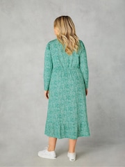 Live Unlimited Green Curve Ditsy Leaf Print Cotton Slub Tiered Midi Dress - Image 9 of 11