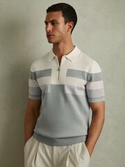 Reiss Ice Blue Verde Knitted Colourblock Half-Zip Polo Shirt - Image 1 of 5