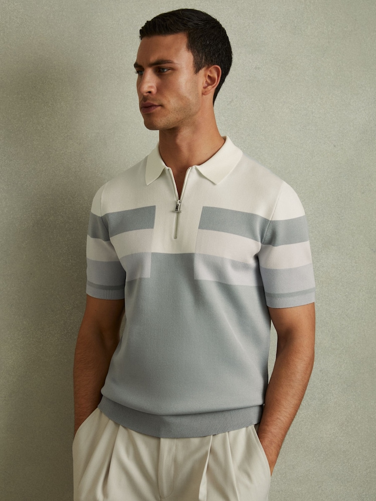 Reiss Ice Blue Verde Knitted Colourblock Half-Zip Polo Shirt - Image 1 of 5