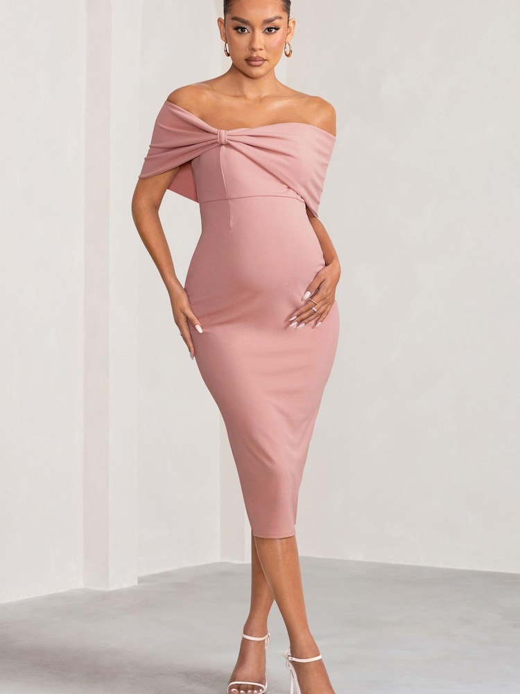 Club L London Pink Maternity Alyssa Bardot Bow Midi Dress with Ruching - Image 1 of 5 Club L London Pink Maternity Alyssa Bardot Bow Midi Dress with Ruching - Image 1 of 5