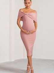 Club L London Pink Maternity Alyssa Bardot Bow Midi Dress with Ruching - Image 3 of 5