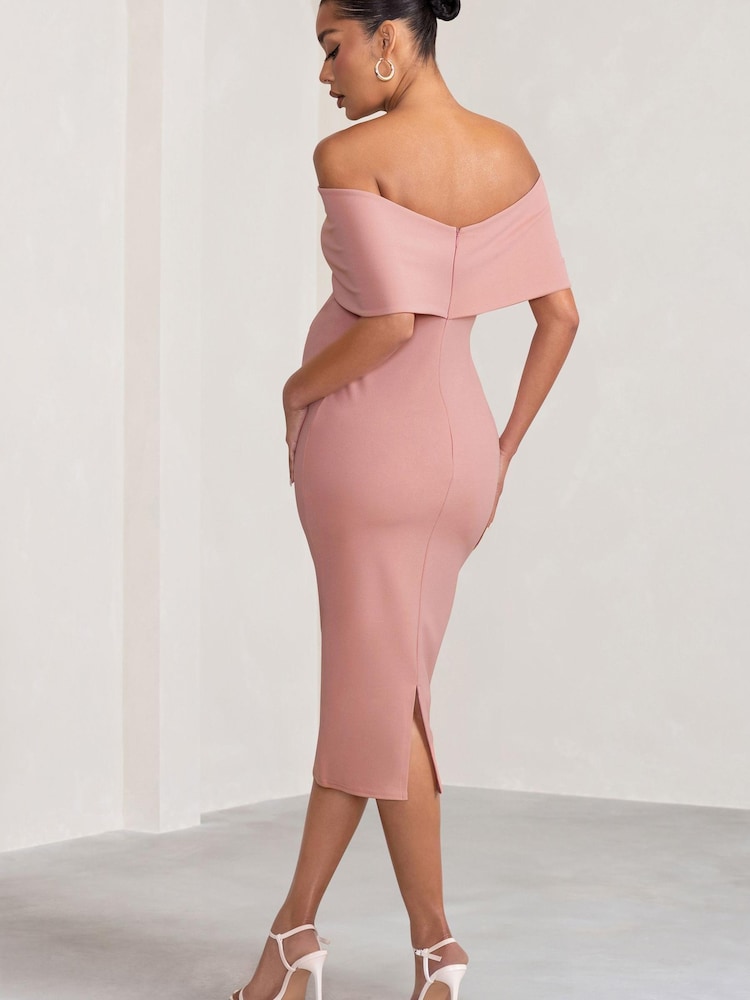 Club L London Pink Maternity Alyssa Bardot Bow Midi Dress with Ruching - Image 5 of 5 Club L London Pink Maternity Alyssa Bardot Bow Midi Dress with Ruching - Image 5 of 5