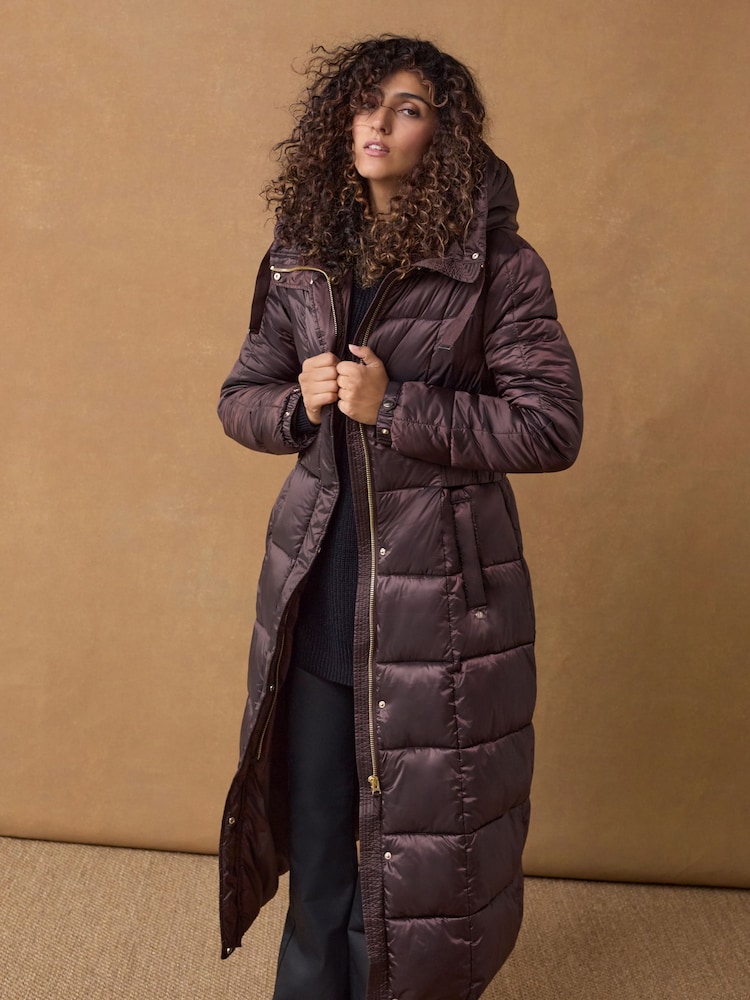 Burgundy Red Longline Waisted Shower Resistant Hooded Padded Coat - Image 1 of 10