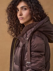 Burgundy Red Longline Waisted Shower Resistant Hooded Padded Coat - Image 4 of 10