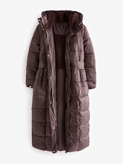 Burgundy Red Longline Waisted Shower Resistant Hooded Padded Coat - Image 6 of 10