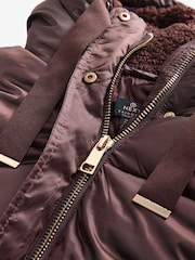 Burgundy Red Longline Waisted Shower Resistant Hooded Padded Coat - Image 9 of 10