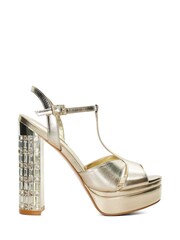 Dune London Gold Multiply Crystal Heel T-Bar Platform Sandals - Image 4 of 5
