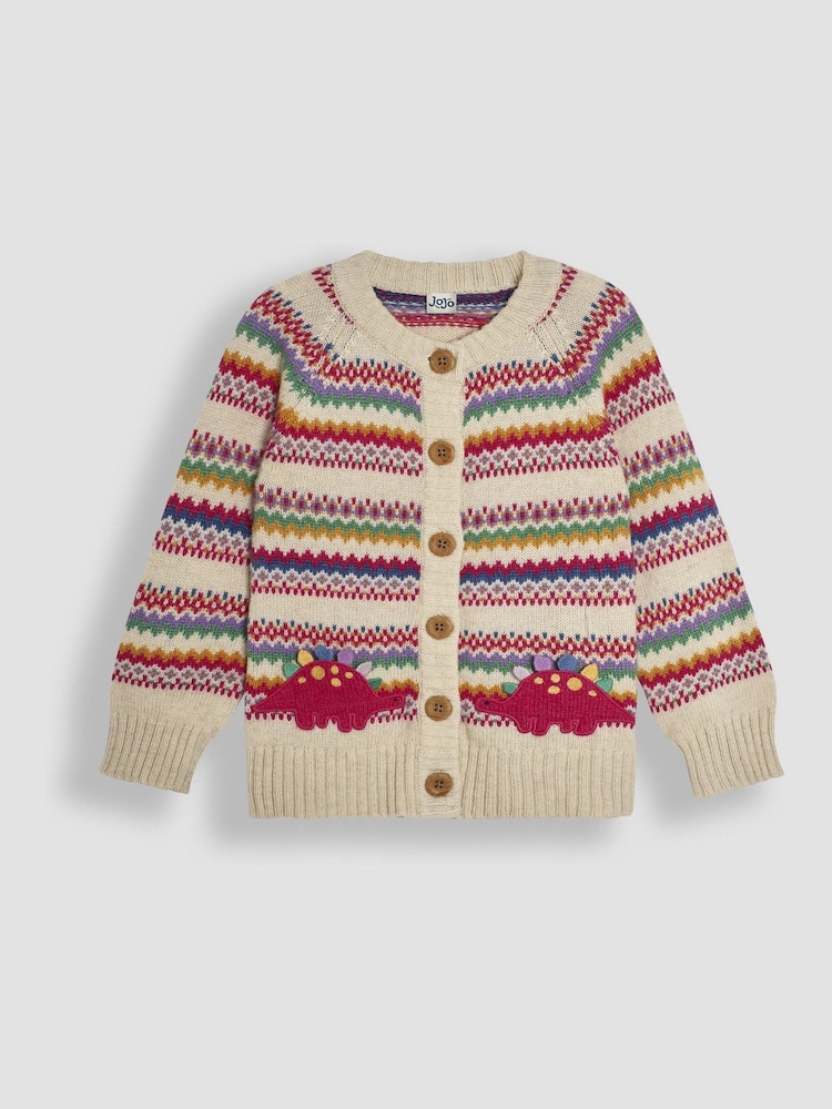 Cream Stripe Dino - JoJo Maman Bébé Knit Fairisle Pattern Cardigan - Изображение 1 из 3