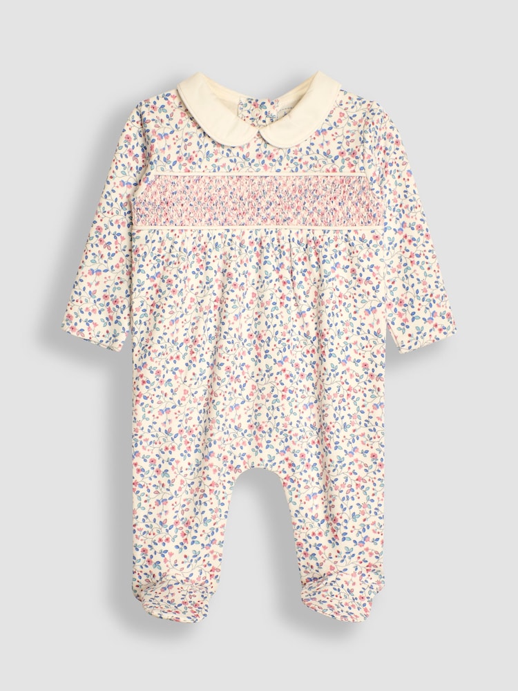 JoJo Maman Bébé Cream Pretty Smocked Sleepsuit - Image 1 of 3