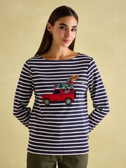 Joules Festive Harbour Navy/White Boat Neck Breton Top - Image 1 of 6