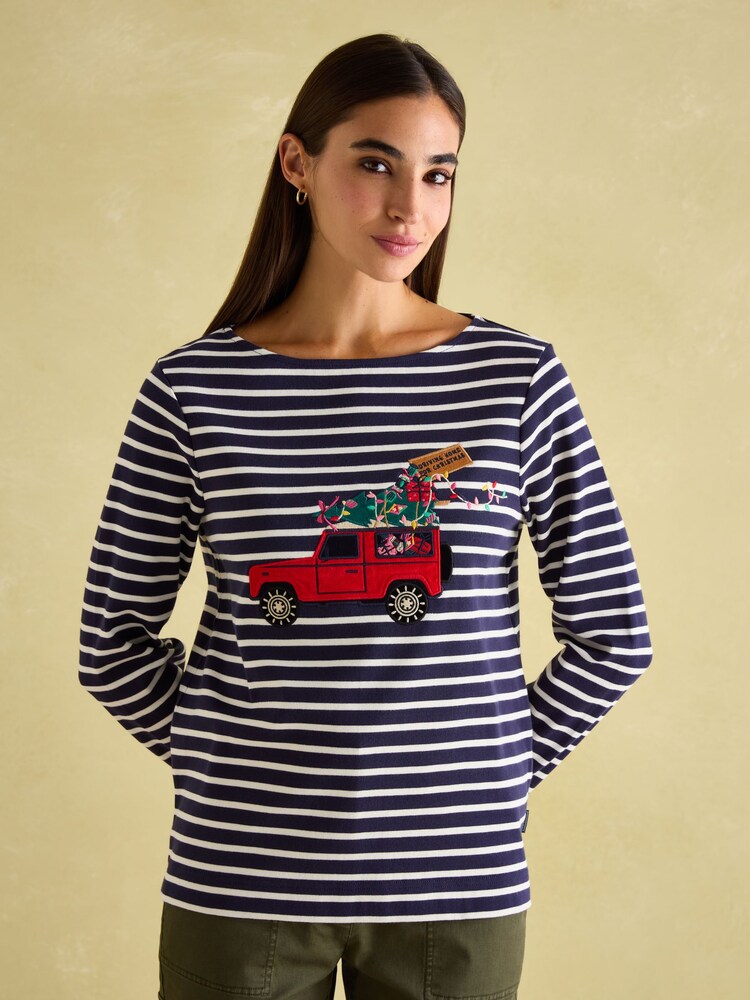 Joules Festive Harbour Navy/White Boat Neck Breton Top - Image 1 of 6