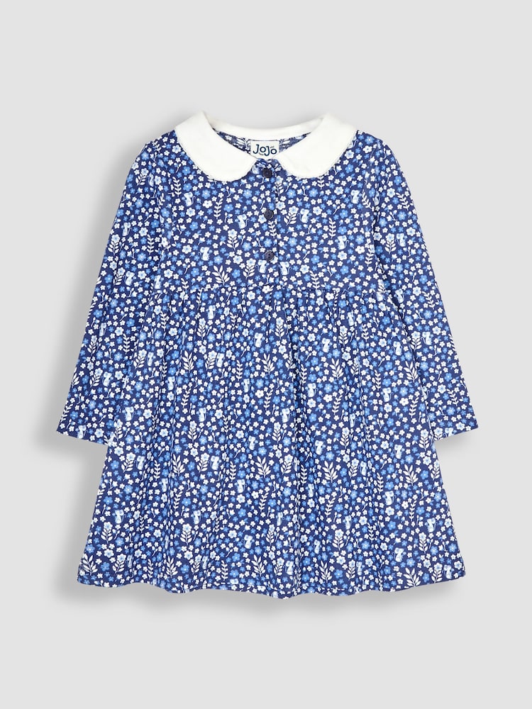 JoJo Maman Bébé Navy Blue Mouse Floral Peter Pan Dress - Image 1 of 3