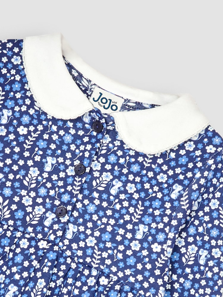 JoJo Maman Bébé Navy Blue Mouse Floral Peter Pan Dress - Image 3 of 3
