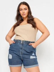 Yours Curve Blue YOURS Curve Mid Wash Blue Ripped Denim Shorts - Image 1 of 5
