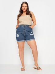 Yours Curve Blue YOURS Curve Mid Wash Blue Ripped Denim Shorts - Image 2 of 5