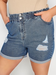 Yours Curve Blue YOURS Curve Mid Wash Blue Ripped Denim Shorts - Image 4 of 5