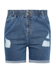 Yours Curve Blue YOURS Curve Mid Wash Blue Ripped Denim Shorts - Image 5 of 5
