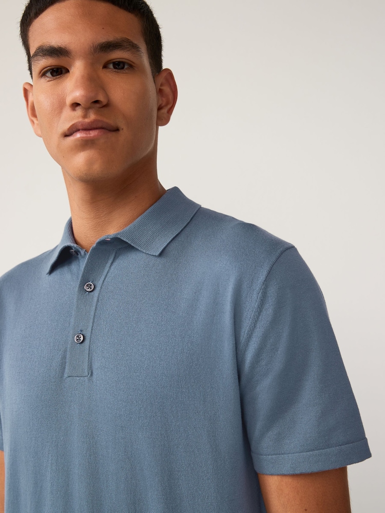 Slate Blue Slim Fit Cotton Rich Short Sleeve Knit Polo Shirt - Image 4 of 7