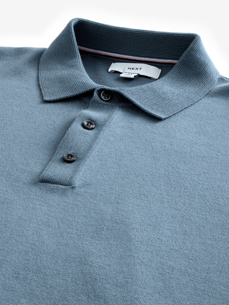 Slate Blue Slim Fit Cotton Rich Short Sleeve Knit Polo Shirt - Image 6 of 7