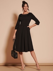 Jolie Moi Black 3/4 Sleeve Fold Neck Midi Dress - Image 1 of 6