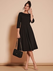 Jolie Moi Black 3/4 Sleeve Fold Neck Midi Dress - Image 4 of 6