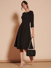 Jolie Moi Black 3/4 Sleeve Fold Neck Midi Dress - Image 6 of 6