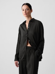 Gap Black Pleated Satin Oversized Shirt - Image 1 of 4