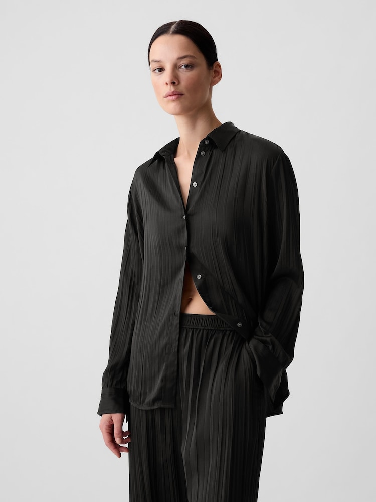 Gap Black Pleated Satin Oversized Shirt - Image 1 of 4