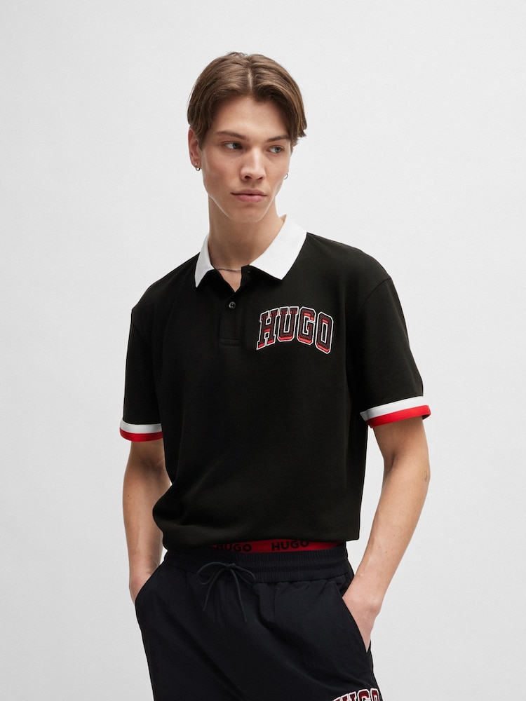 HUGO Varisty Logo Sport Relaxed Fit Black Polo Shirt - Image 1 of 4