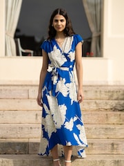 Mela Blue Blossom Print Wrap Midi Dress With Dipped Hem - Image 1 of 6