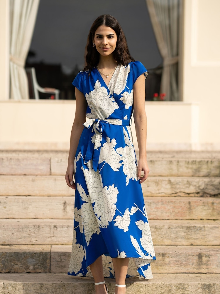Mela Blue Blossom Print Wrap Midi Dress With Dipped Hem - Image 1 of 6