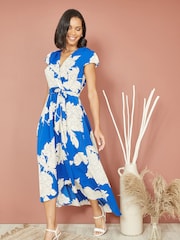 Mela Blue Blossom Print Wrap Midi Dress With Dipped Hem - Image 2 of 6