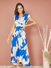 Mela Blue Blossom Print Wrap Midi Dress With Dipped Hem - Image 4 of 6