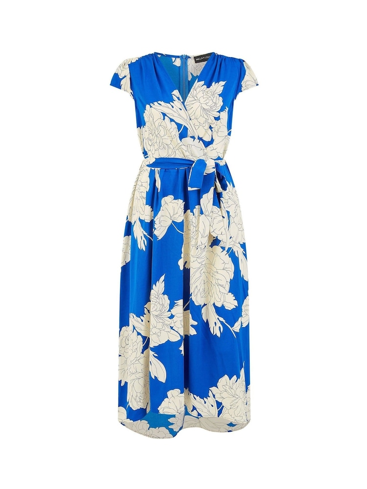 Mela Blue Blossom Print Wrap Midi Dress With Dipped Hem - Image 6 of 6