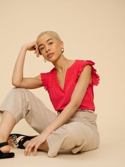 White Stuff Orange 100% Cotton Tessa Woven Frill Top - Image 1 of 7