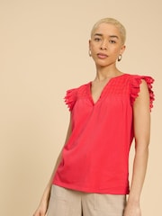 White Stuff Orange 100% Cotton Tessa Woven Frill Top - Image 2 of 7