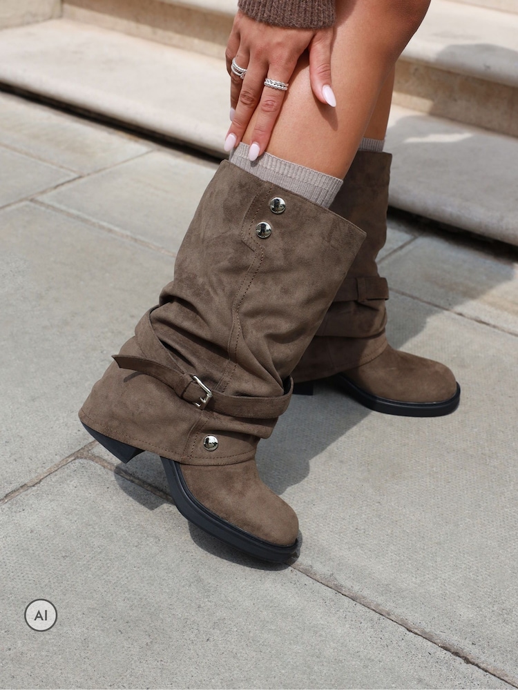 Simmi London Brown Echo Knee High Foldover Biker Boots - Image 1 of 4