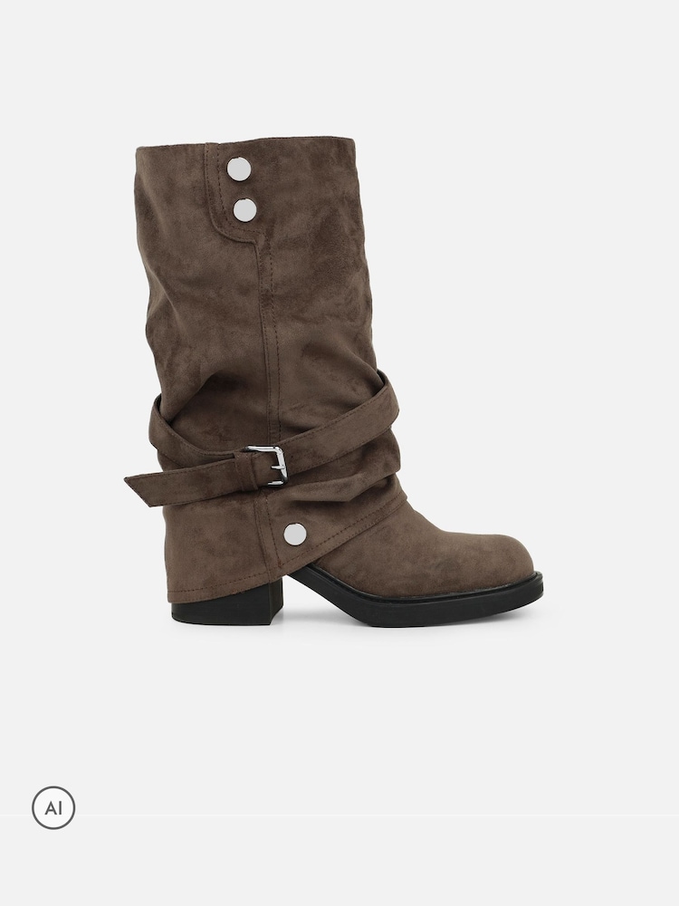 Simmi London Brown Echo Knee High Foldover Biker Boots - Image 2 of 4