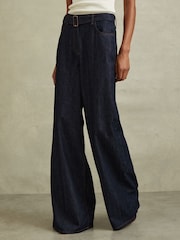 Reiss Dark Blue Luca Petite Belted Wide Leg Jeans - Image 1 of 7