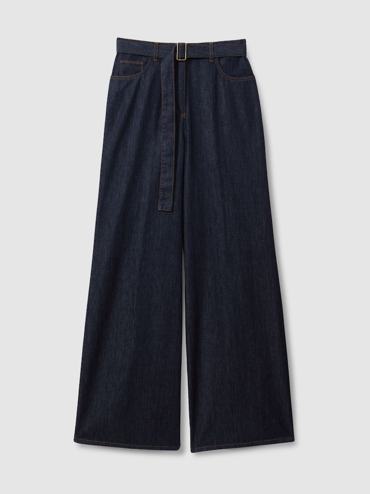 Reiss Dark Blue Luca Petite Belted Wide Leg Jeans - Image 2 of 7