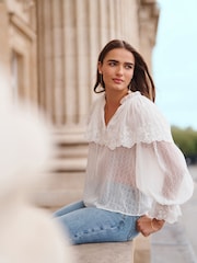 Ivory Sheer Cape Tie Neck Embroidered Blouse - Image 1 of 6